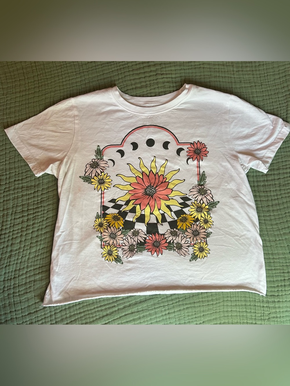 Modern Lux White Tee with Sunflower and Checkerboard Graphic